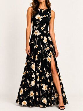 Yumi Kim Floral Silk Black Maxi Dress XS Wedding Guest Spring Summer Sleeveless